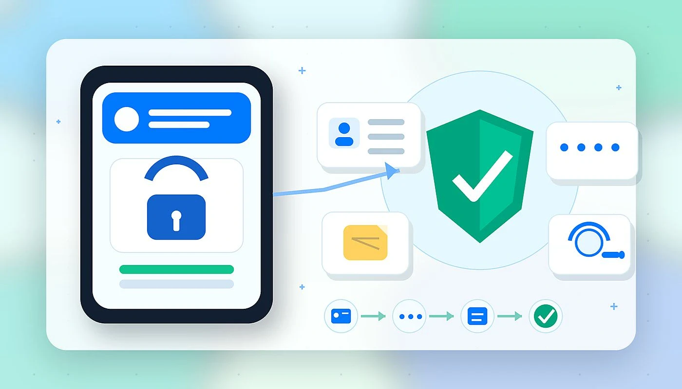 Digital security illustration with shield, lock, and data icons.