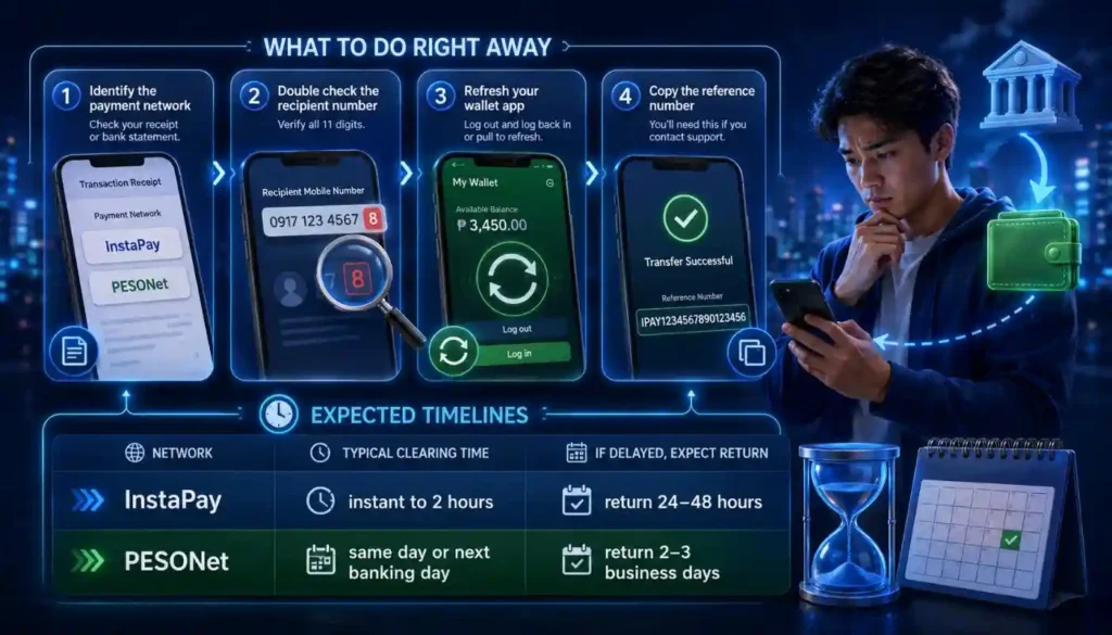 Infographic showing steps and timelines for InstaPay and PESONet transfers.