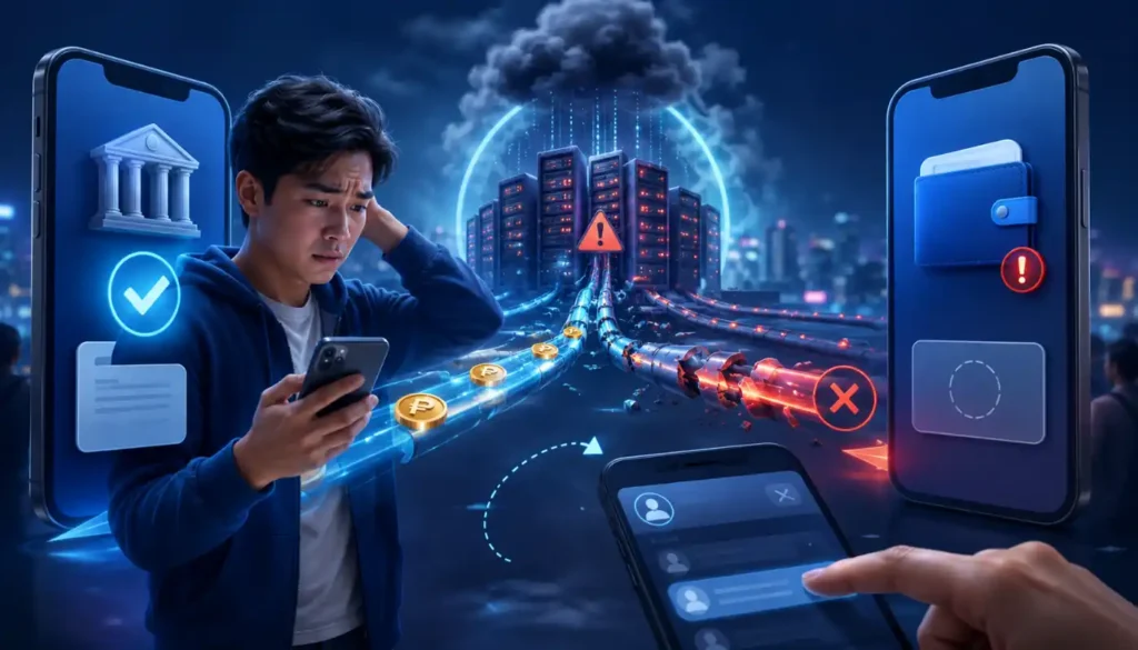Man looking distressed while using a phone during transaction failure.