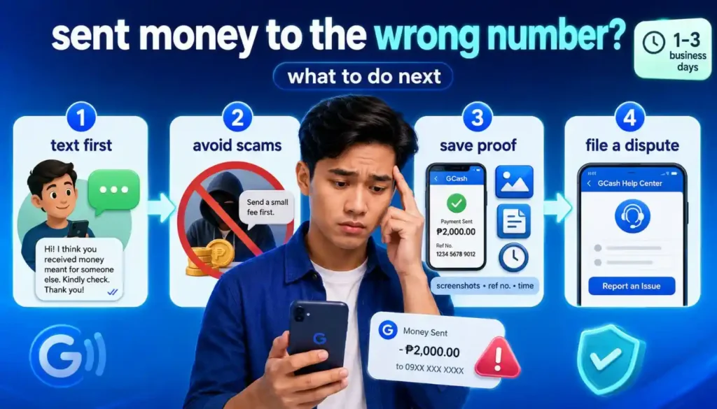 Infographic guide on recovering GCash money sent to wrong numbers.