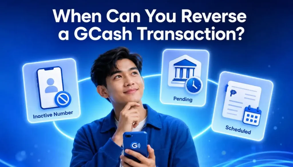 Infographic about reversing GCash transactions for different account scenarios.