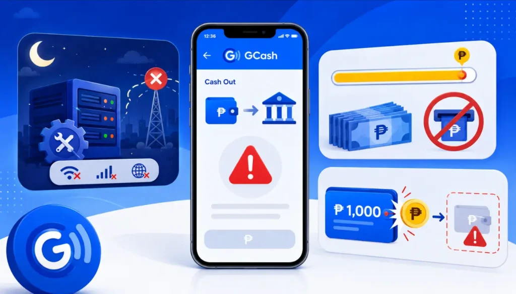 GCash app screen with transaction error and maintenance icons.