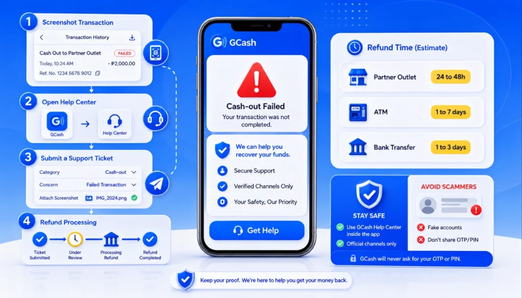 Infographic explaining the GCash cash-out failure and refund process.