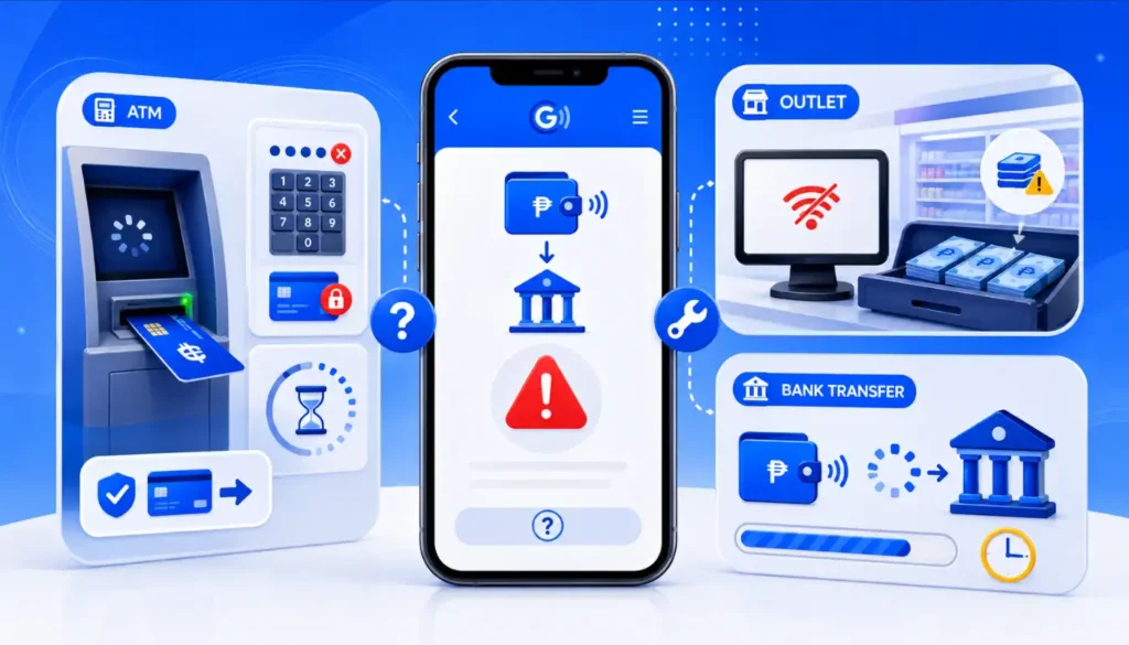 Illustration of digital banking app errors across various services.